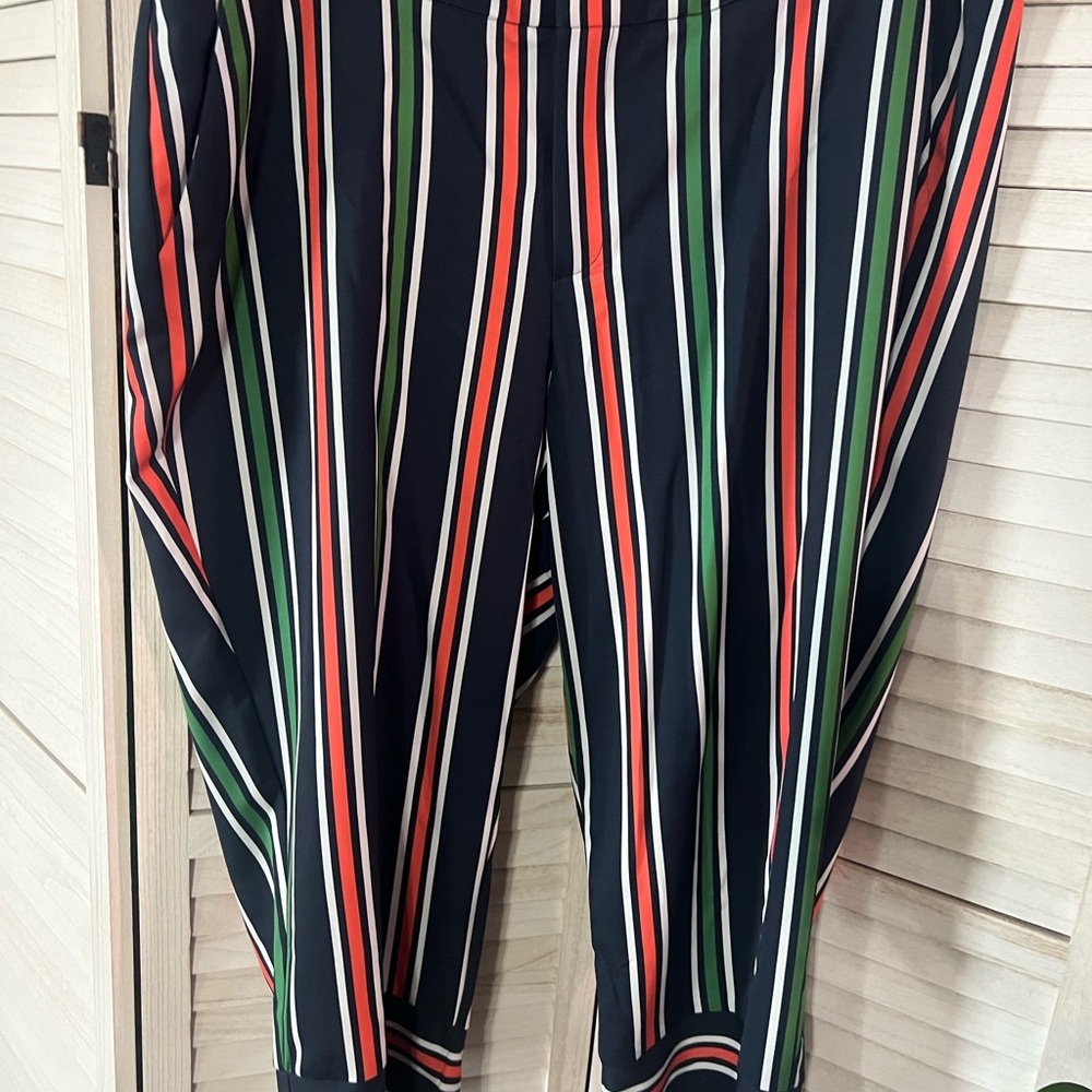 Eloquii Navy Striped pants with Orange, Green & White Accents